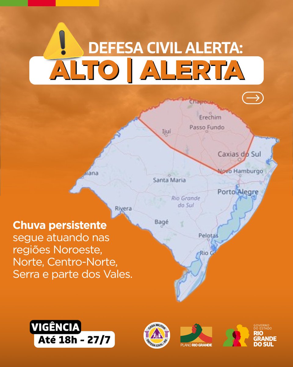 DefesaCivilRS's tweet image. Defesa Civil alerta: Condição de ALERTA para chuva persistente que segue atuando nas regiões Noroeste, Norte, Centro-Norte, Serra e parte dos Vales. Válido até 18h do dia 27 de julho. Risco ALTO de alagamentos. Evite áreas de risco. Emergência ligue 190/193.