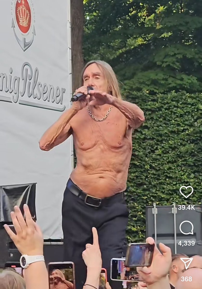 37Lemons's tweet image. If she is refusing to retire, old lady punk rocker Iggy Pop could at least wear a bra or bikini top on stage...the poor audience...I guess grandma really does have a big &apos;lust for life&apos;