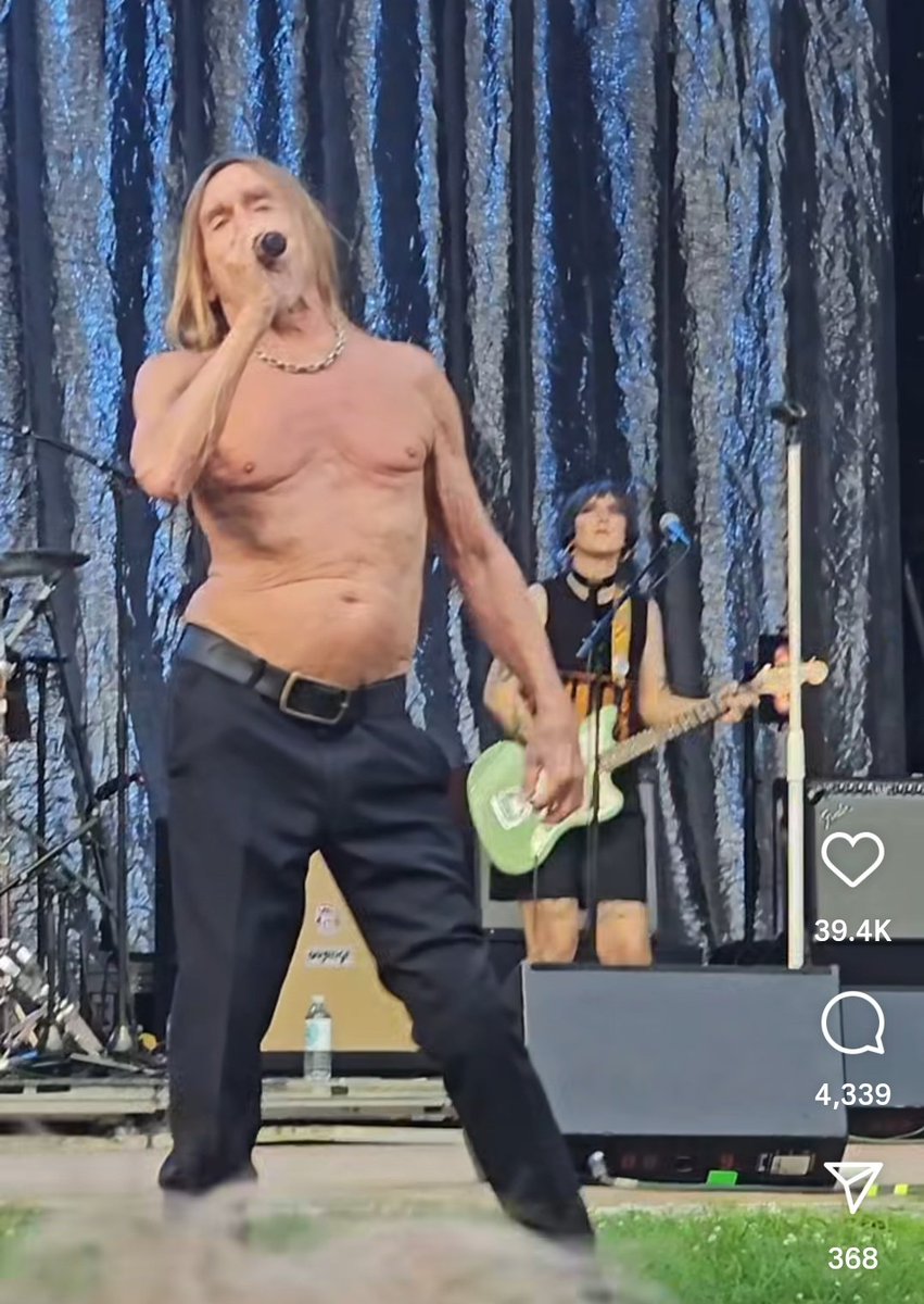 37Lemons's tweet image. If she is refusing to retire, old lady punk rocker Iggy Pop could at least wear a bra or bikini top on stage...the poor audience...I guess grandma really does have a big &apos;lust for life&apos;