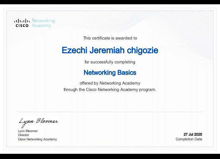 Ezechi Jeremiah (@cyberjeremiah) on Twitter photo Thrilled to announce that I’ve earned the Cisco Networking Basics certification.
⚔️This is a key step in strengthening my foundation in networking and pursuing my path toward cybersecurity expertise.
🎉💯💃💃
<a href="/ireteeh/">Dr Iretioluwa Akerele</a> <a href="/segoslavia/">Ṣẹ́gunfúnmi😎</a> <a href="/TemitopeSobulo/">Temmy Sho 🛡️</a> <a href="/thegideonjohn/">gideon.</a> Thrilled to announce that I’ve earned the Cisco Networking Basics certification.
⚔️This is a key step in strengthening my foundation in networking and pursuing my path toward cybersecurity expertise.
🎉💯💃💃
<a href="/ireteeh/">Dr Iretioluwa Akerele</a> <a href="/segoslavia/">Ṣẹ́gunfúnmi😎</a> <a href="/TemitopeSobulo/">Temmy Sho 🛡️</a> <a href="/thegideonjohn/">gideon.</a>