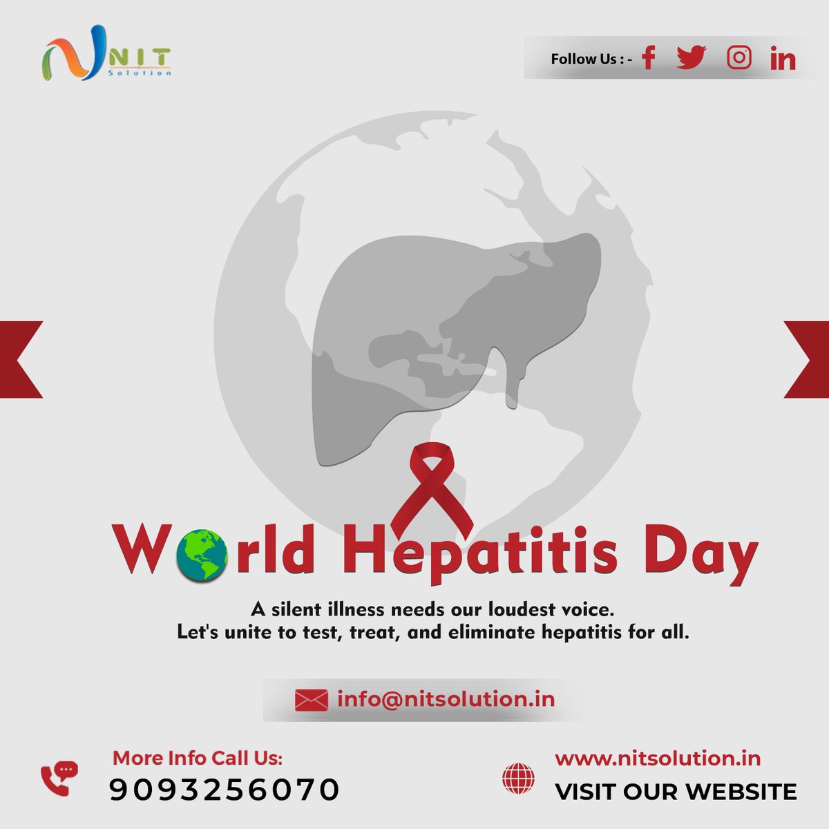 nit_solution's tweet image. Today on World Hepatitis Day, let’s raise awareness about the silent but serious threat of hepatitis. Early detection, vaccination, and proper treatment can save lives. Take a step toward a healthier future—get tested, get treated, and help eliminate hepatitis. 💉🌍