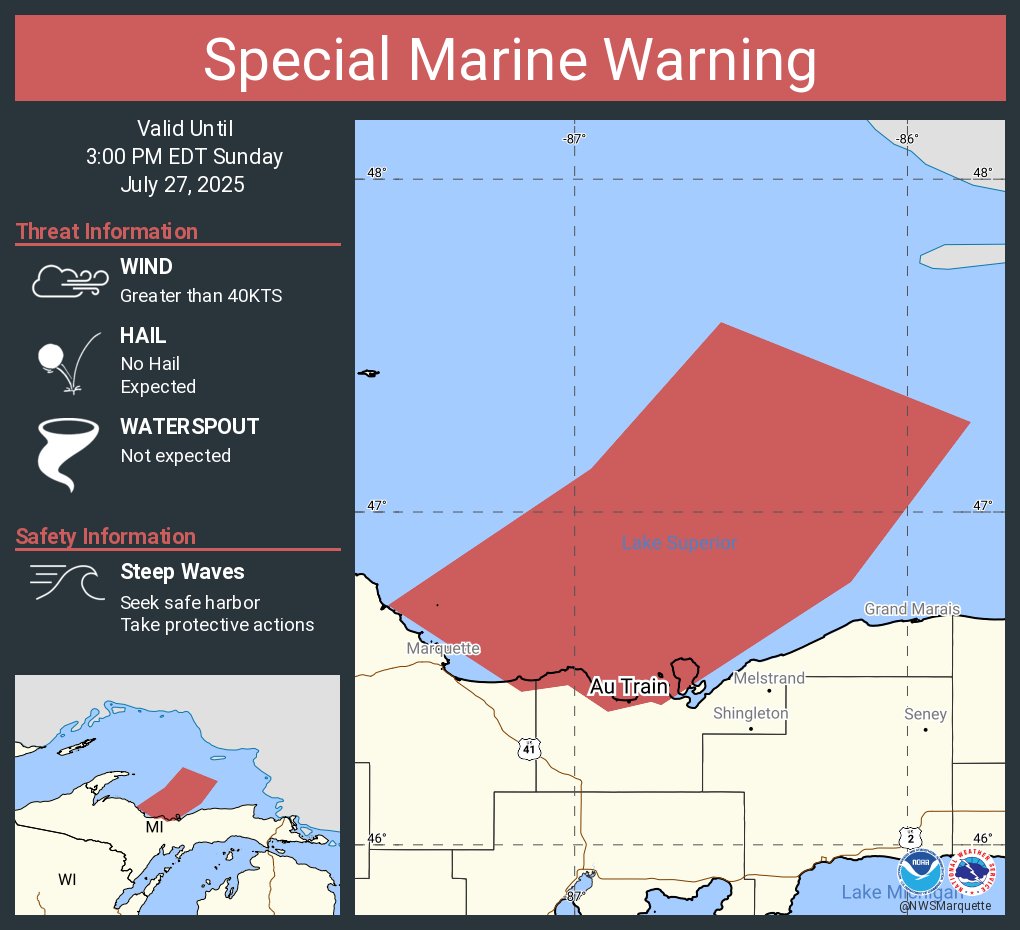 NWSMarquette's tweet image. Special Marine Warning continues for the Lake Superior East of a line from Manitou Island to Marquette MI and West of a line from Grand Marais MI to the US/Canadian Border Beyond 5NM from shore, Huron Islands to Marquette MI and Marquette to Munising MI until 3:00 PM EDT