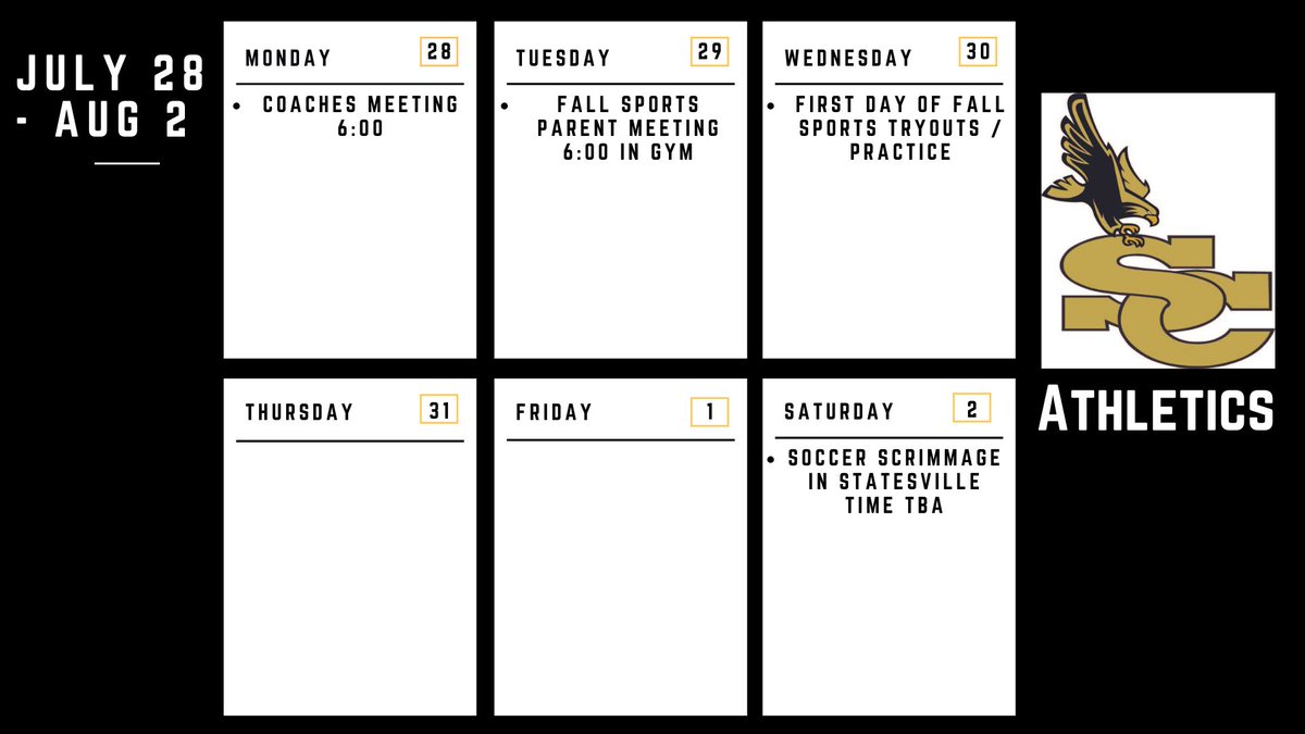 Athletic Schedule for July 28 - Aug 2. Tues will be our Fall Sports Parent Meeting at 6:00. We will begin with everyone in the varsity gym and then break out into individual teams. Remember that you must have Dragonfly complete and a physical to tryout on Wed.

#TheBigSC