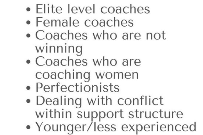 This is a great post about burnout in coaches.

Here’s the scenarios where research has shown coaches to be at a higher risk of burnout 👇🏼