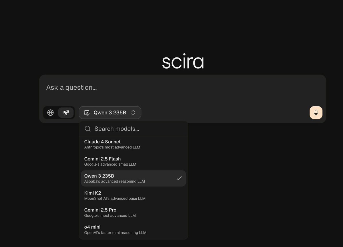 🚨New Model Alert 

Qwen 3 235B A22B is now available on <a href="/sciraai/">Scira AI</a> for Pro users!

use code 'QWEN235' and 20% discount on the subscription!