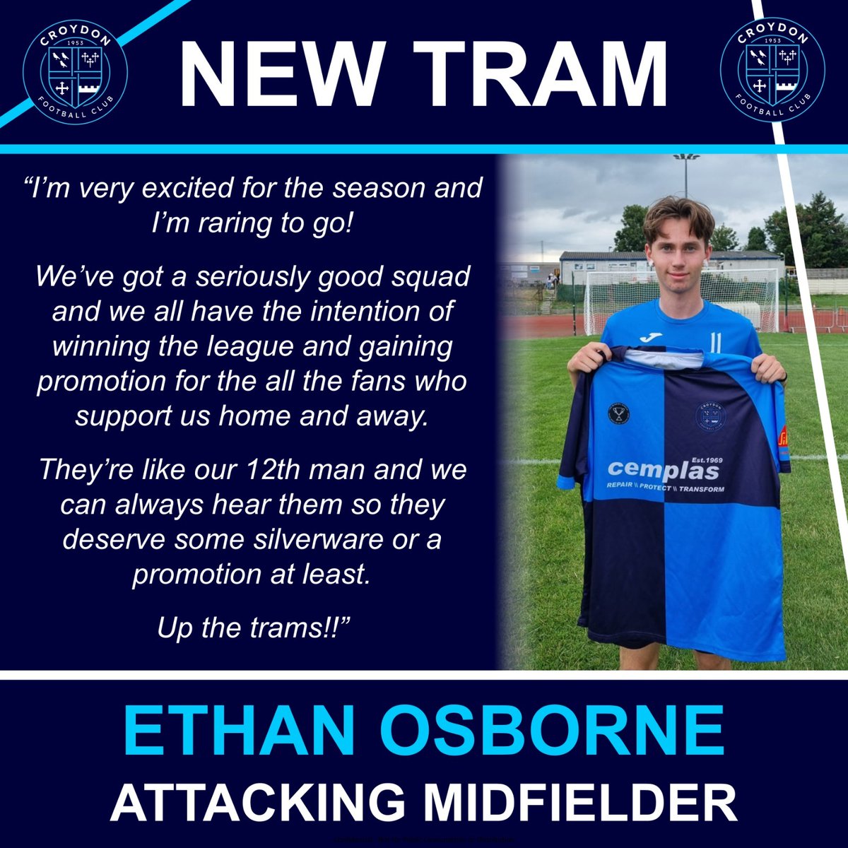 Croydon_FC's tweet image. Another new signing for @Croydon_FC Ethan Osborne has joined the Trams. He's already scored in the pre season friendlies against Holmesdale and Horsham YM. Welcome on board Ethan!