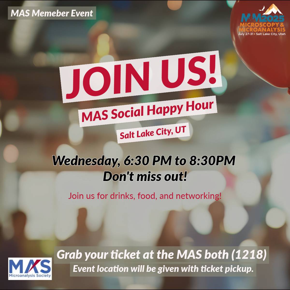 MAS members, join us for the MAS members social on Wednesday in Salt Lake City. Come by the booth (1218) to grab your ticket!  #MM2025 #MAS #Microscopy