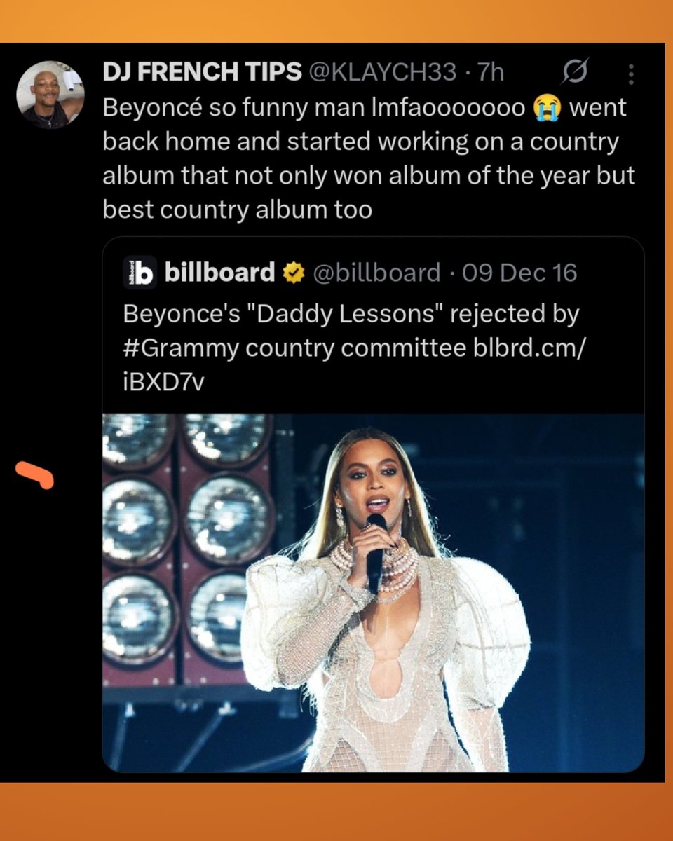 RedMedia_us's tweet image. 9 years after CMAs rejected Beyoncé claiming &quot;she is not country&quot;, she has

-Won album of the year with a country Album including Best country album at the GRAMMYs. 
- the highest grossing country tour in history with just 32 shows.( Grossing an amount that would take regular…