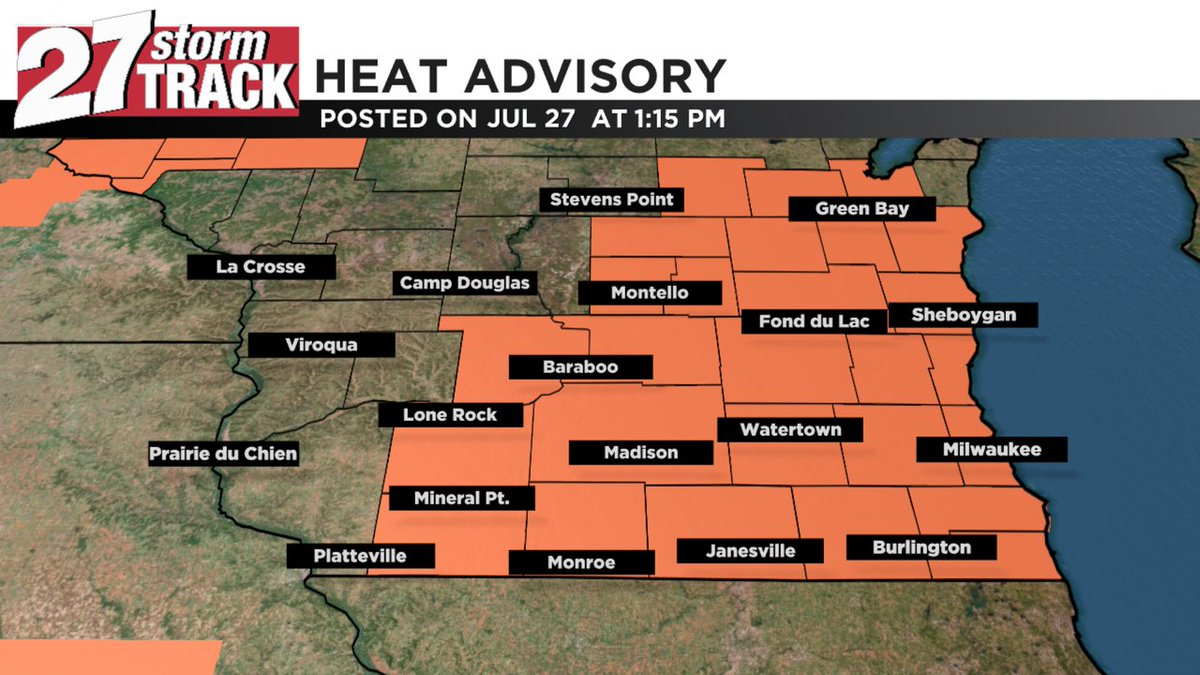 27StormTrack's tweet image. A Heat Advisory has been issued for the highlighted counties until Jul 28 8:00PM. Watch WKOW for the latest information.