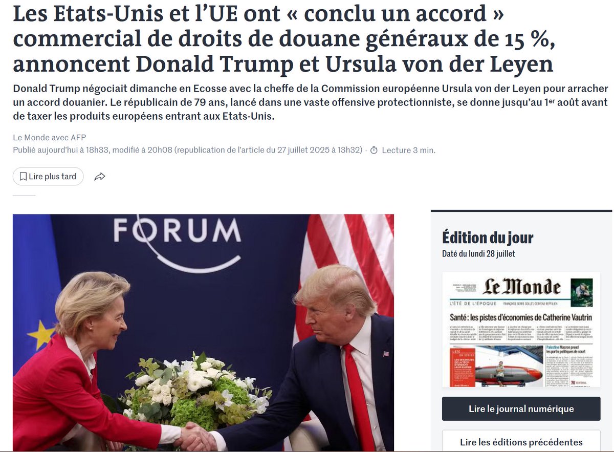 dav_cayla's tweet image. Il faudra m&apos;expliquer comment l&apos;UE, avec toute la force de son grand marché, parvient à négocier un accord commercial moins favorable que celui obtenu par le Royaume-Uni.
Le discours &quot;ensemble on est plus forts&quot; vient de se prendre le mur de la réalité.
