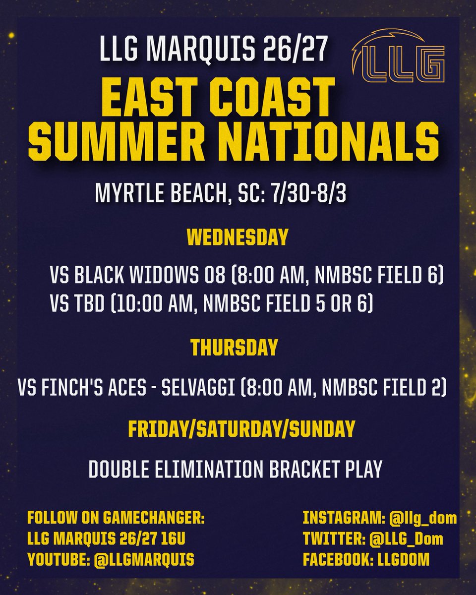 Lady Lightning Gold Dom (@llg_dom) on Twitter photo Schedule for this weekend in Myrtle Beach, SC! Tune in on GameChanger! ⚡️🥎
<a href="/Org_LLG/">Lady Lightning Gold Org Account</a> Schedule for this weekend in Myrtle Beach, SC! Tune in on GameChanger! ⚡️🥎
<a href="/Org_LLG/">Lady Lightning Gold Org Account</a>