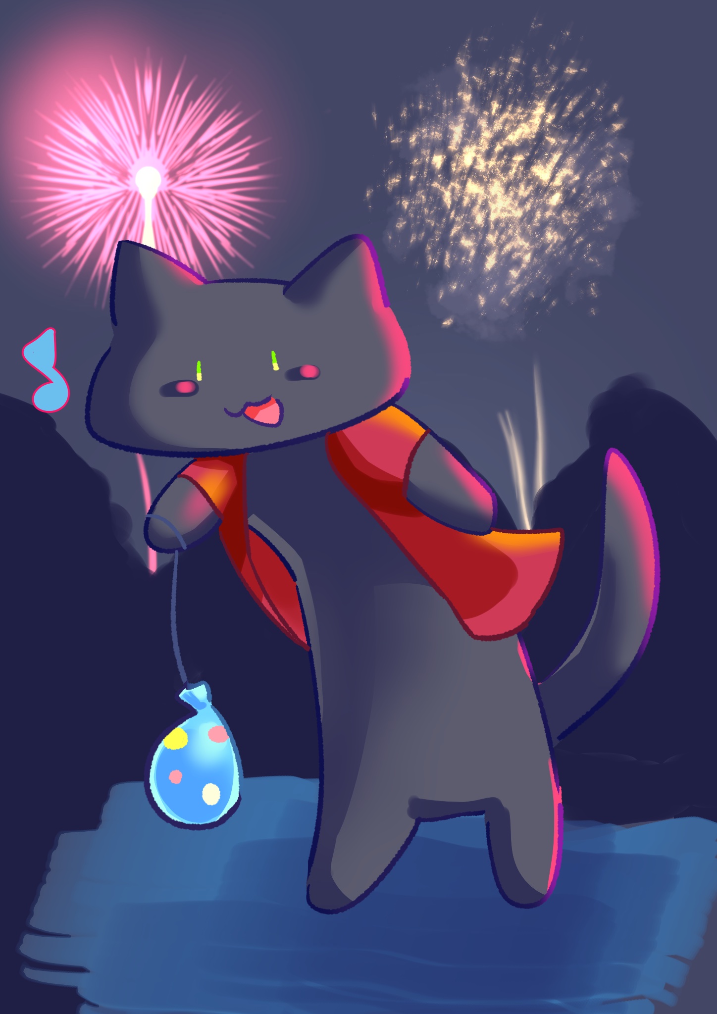 「 花火じゃらし 」B5大きめ 花火 盆おどり 猫イラスト 色鉛筆画 fd24141d7922427ecbe0d5c795279e