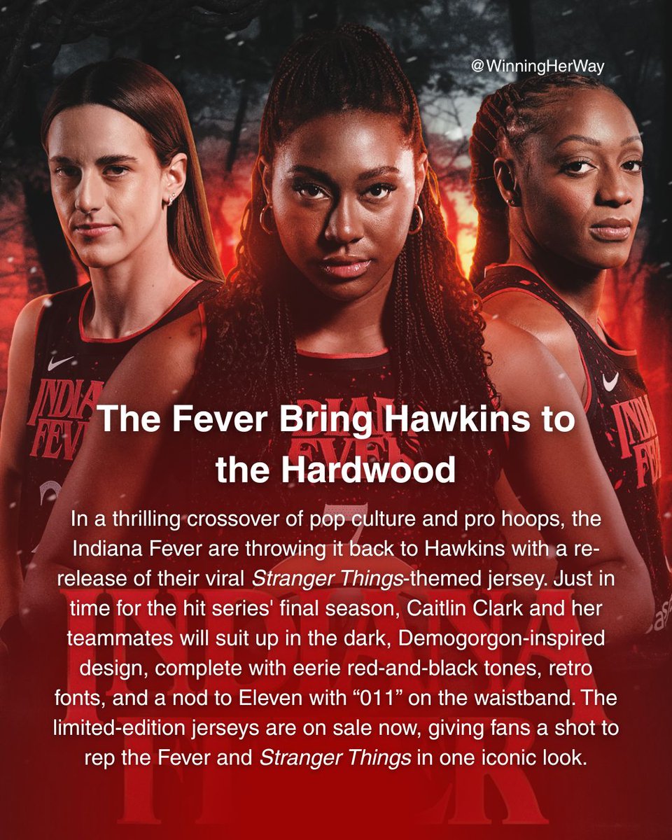 Winningherway's tweet image. The Indiana Fever brought the Stranger Things universe courtside with a throwback to their viral 2021 collab, rocking the eerie, red-and-black alternate jerseys in honor of the show’s final season!

#IndianaFever #StrangerThings #WNBA #FeverFam #WomenInSports #winningherway