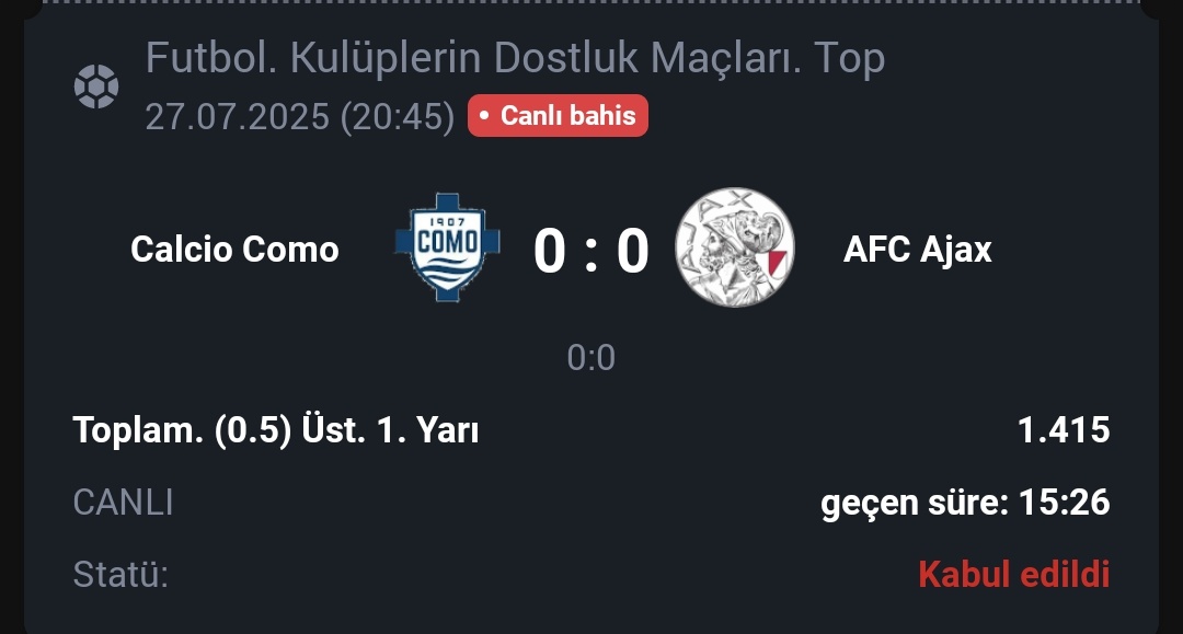 ÇOK YÜKLÜ GİRDİM!
O GOL GELECEK!!

⚡️ Bol şans diliyorum!

💬 DAHA FAZLASI İÇİN; 
📍 t.me/PROFTIPSS_01
📍 t.me/PROFTIPSS10

#spor #bahis #kupon #rolling #canlıbahis #oran