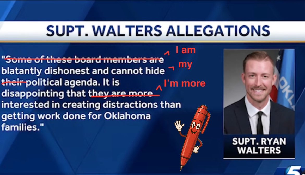 jacobrosecrants's tweet image. This gaslighting statement from Supt. Walters in response to having p*rn on his office TV (there were multiple witnesses) was easy work for the Red Pen of Truth!