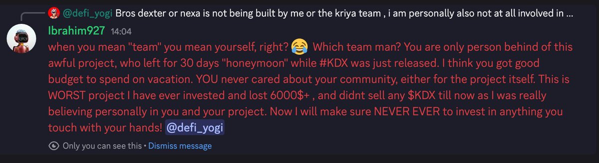 <a href="/defi_yogi/">yogi.sui</a> <a href="/defi_yogi/">yogi.sui</a>  Lol, you are clown 🤡 what is reason you ban people who express their transparency on Discord. You rugged people, and most importantly #SUI community, the community which is the best in all WEB3 universe!  Take your dead <a href="/KriyaDEX/">Kriya</a> and get rid off from #SUI!