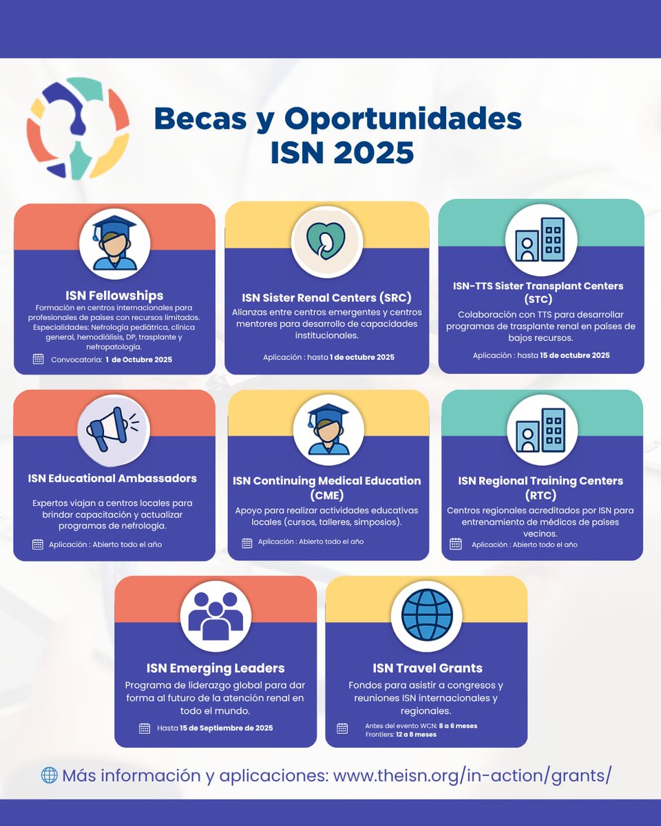Alanepe1's tweet image. 📢𝗕𝗲𝗰𝗮𝘀 @ISNkidneycare
✅ ISN Fellowships
✅ ISN Sister Renal Centers (SRC)
✅ ISN-TTS Sister Transplant Centers (STC)
✅ ISN Educational Ambassadors
✅ ISN CME
✅ ISN Regional Training Centers
✅ ISN Emerging Leaders
✅ ISN Travel Grants
📅 ¡Atención a las fechas límite!