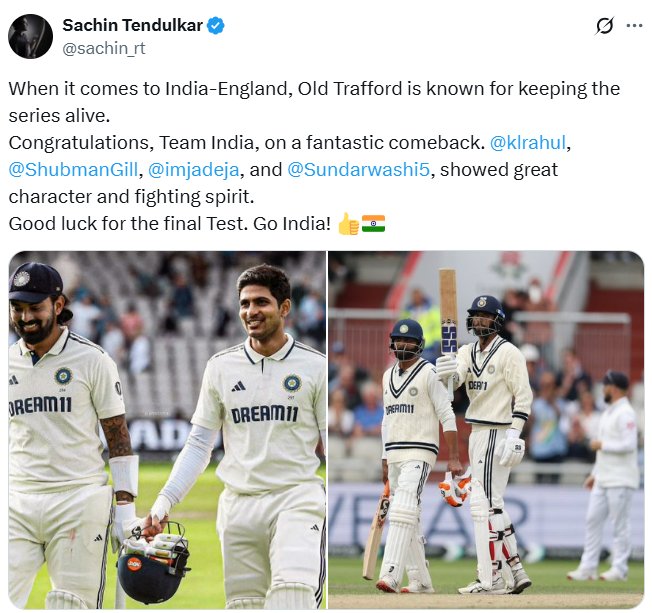 karma2moksha's tweet image. Sachin Tendulkar praised the effort of the Indian team in saving the test match and keeping the series alive.
Mentioned KL Rahul, Shubham Gill, Ravindra Jadeja and Washington Sundar
#ENGvIND