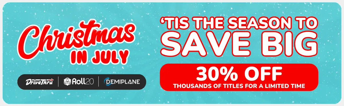 Tabletop_Deals's tweet image. While we've bene focusing on the 75% off games, there are a TON of #RPG items 30% off as part of the @drivethrurpg Xmas in July Sale.
I'm certain there's a game on sale for you, or at least sourcebooks and additinal content for your favourite game!
#ad drivethrurpg.com/en/browse?prom…