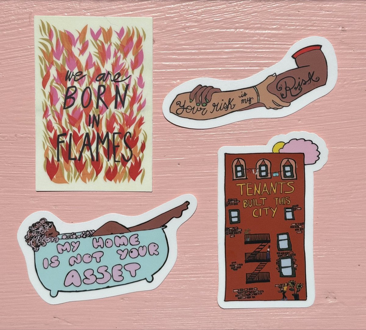 The BORN IN FLAMES stickers are here and they’re beautiful! Made in collaboration with my dear friend, Jenna Peters-Golden, + an original by Mary Tremonte <a href="/Justseeds/">Justseeds</a>, these will be sent to you free if you order BORN IN FLAMES by Aug 19th and submit here: tinyurl.com/4nx7rcv8