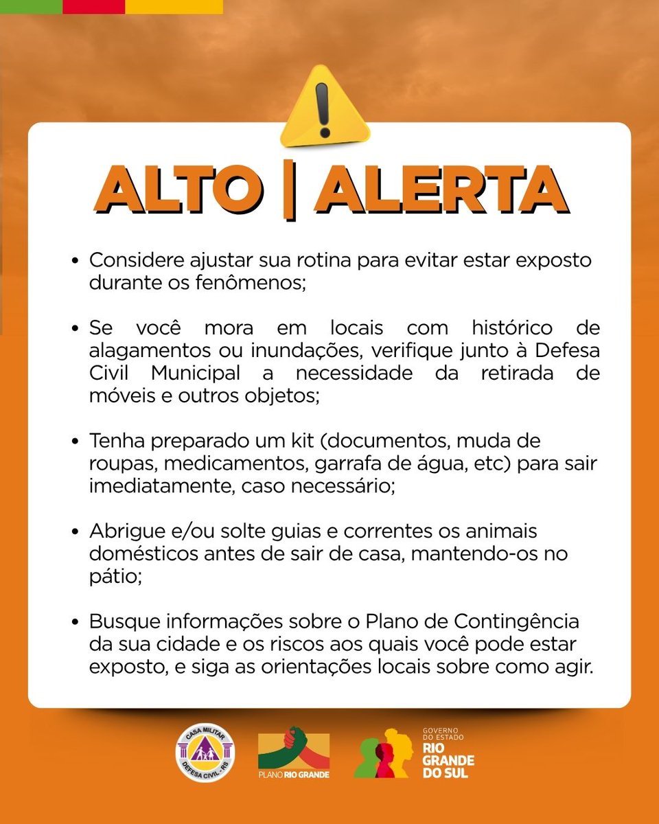DefesaCivilRS's tweet image. Defesa Civil alerta: Condição de ALERTA para chuva persistente que segue sobre o Oeste e Missões. Válido até 18h do dia 27 de julho. Risco ALTO de alagamentos. Evite áreas de risco. Emergência ligue 190/193.