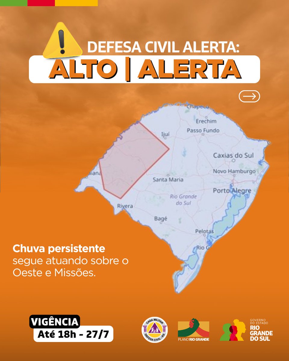 DefesaCivilRS's tweet image. Defesa Civil alerta: Condição de ALERTA para chuva persistente que segue sobre o Oeste e Missões. Válido até 18h do dia 27 de julho. Risco ALTO de alagamentos. Evite áreas de risco. Emergência ligue 190/193.
