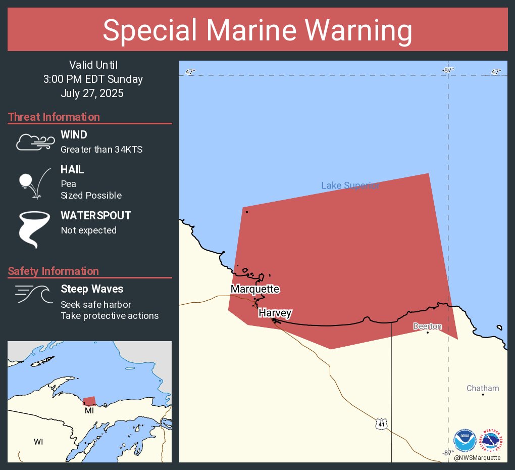 NWSMarquette's tweet image. Special Marine Warning including the Lake Superior East of a line from Manitou Island to Marquette MI and West of a line from Grand Marais MI to the US/Canadian Border Beyond 5NM from shore, Huron Islands to Marquette MI and Marquette to Munising MI until 3:00 PM EDT