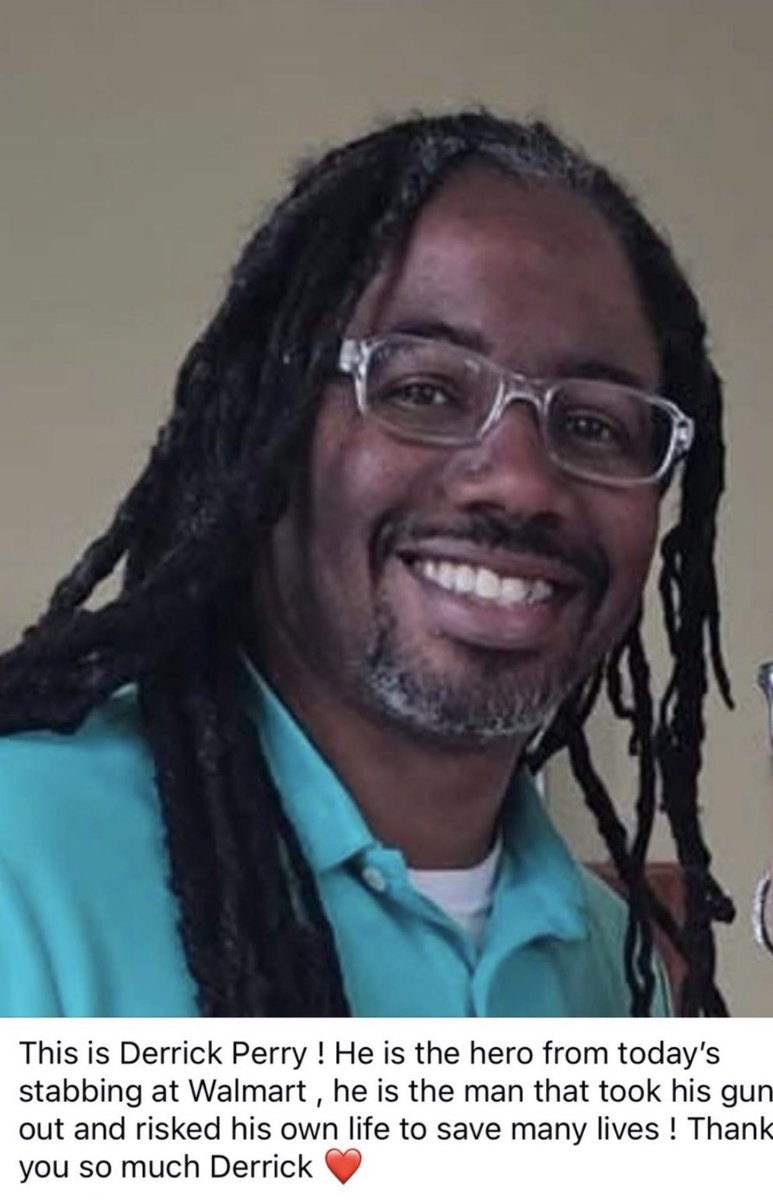 This is Derrick Perry. 

The man who helped put an end to a mass stabbing inside a Walmart in Traverse City, Michigan.

He held the attacker at gunpoint until police arrived.

Hero.