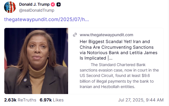 IAM41776311's tweet image. 🚨 It all makes sense now.

Trump posted about $9.6 billion in illegal payments to Iran and Hezbollah through Standard Chartered Bank’s NYC branch—and Letitia James was briefed on it.

She knew. Her senior staff admitted in a recorded meeting the payments weren’t previously…