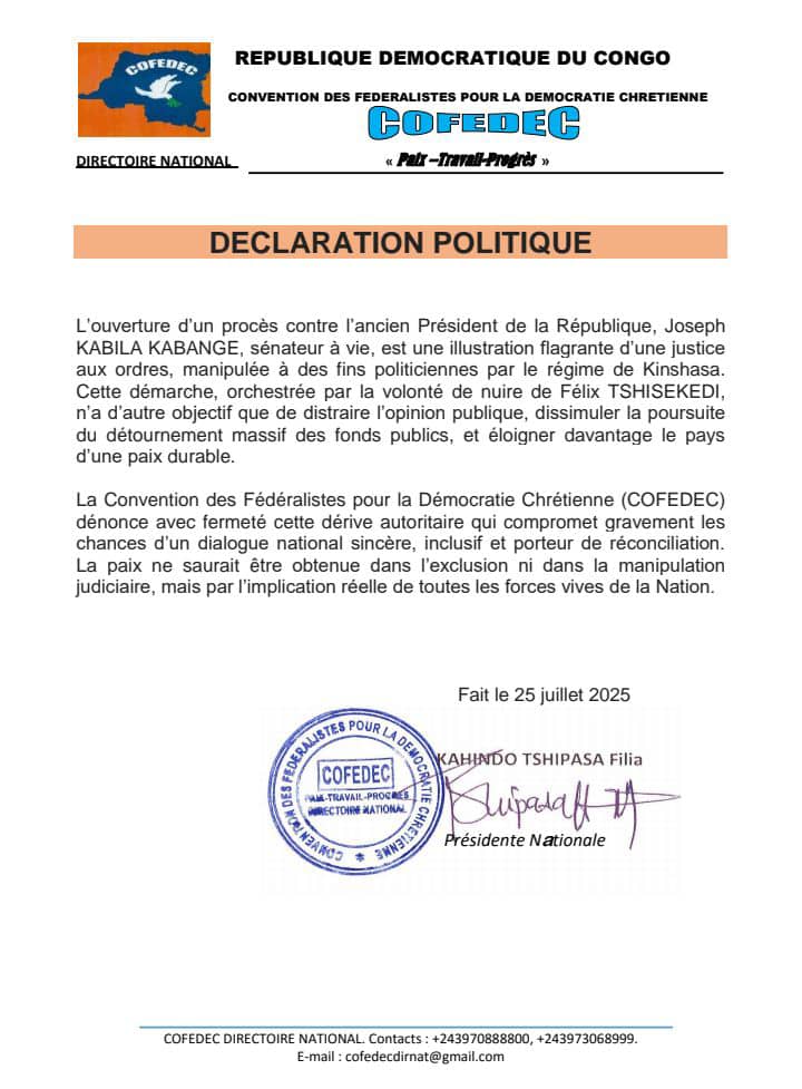 SergioMayamba's tweet image. #RDC: Ouverture d'un procès contre le raïs #Kabila.
La @COFEDEC1 condamne et propose, la ne pourrait être obtenue dans l'exclusion ni dans la manipulation judiciaire mais dans l'implication réelle de toutes les forces vive de la nation.
Déclaration 👇