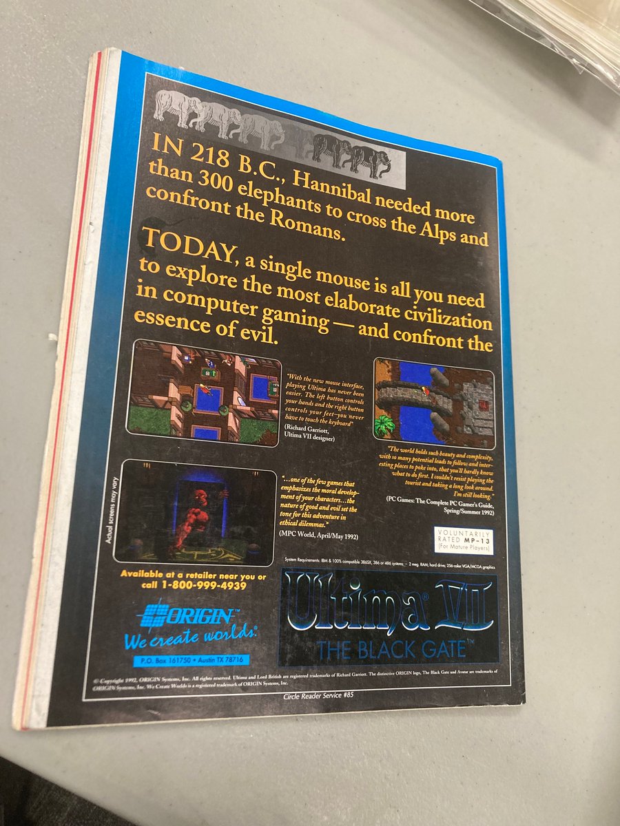 GameHistoryOrg's tweet image. This Ultima VII magazine ad from the VGHF Library doesn&apos;t hold back on the &apos;Crossing the Alps with Hannibal&apos;s elephants vs. using a PC with a mouse&apos; comparisons...