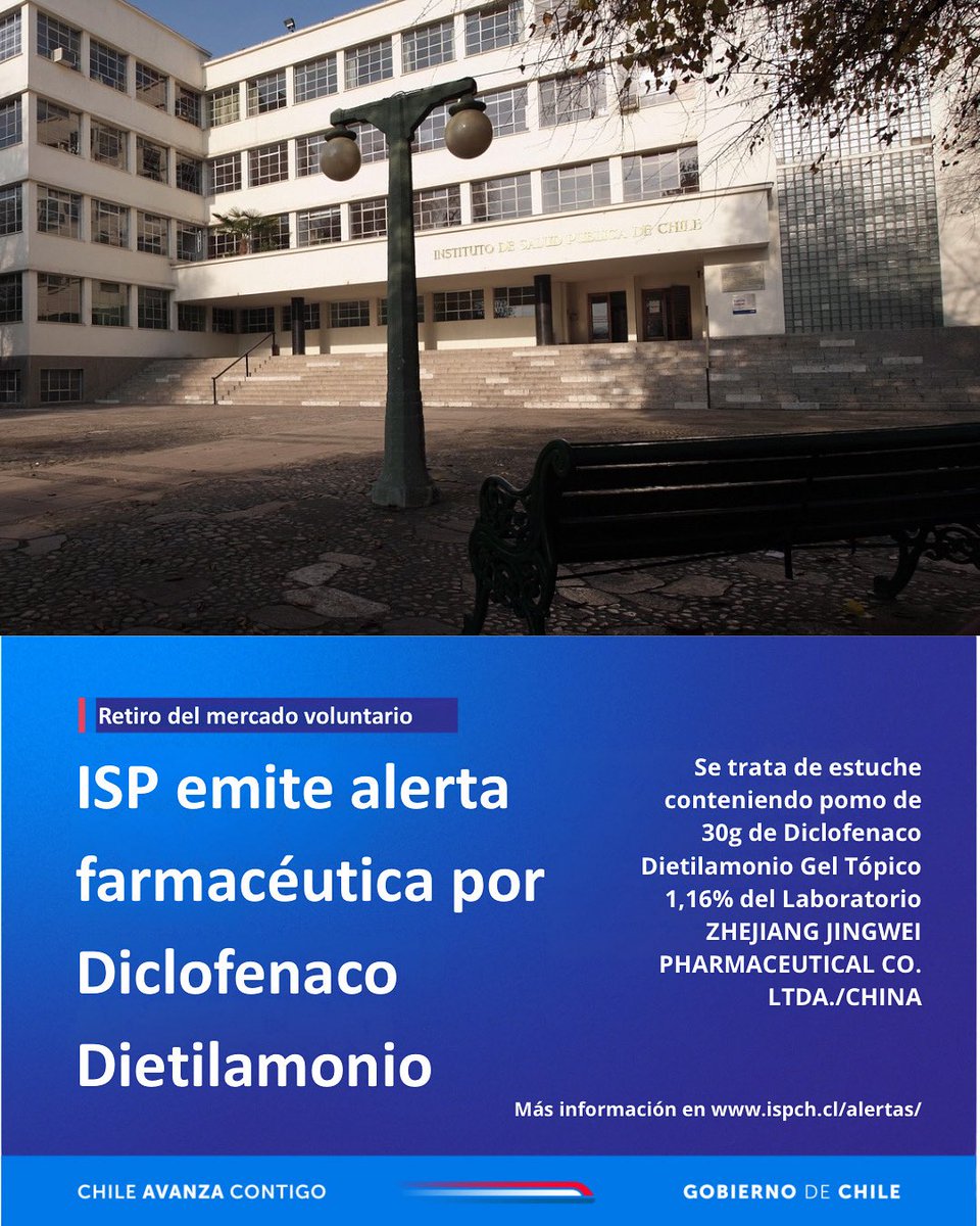ispch's tweet image. Instituto de Salud Pública de Chile (ISP) emite alerta farmacéutica por Diclofenaco Dietilamonio
Más información en 👉🏼ispch.cl/alertas/
#fármacos
#productosfarmaceúticos
#medicamentos
#alertafarmacéutica