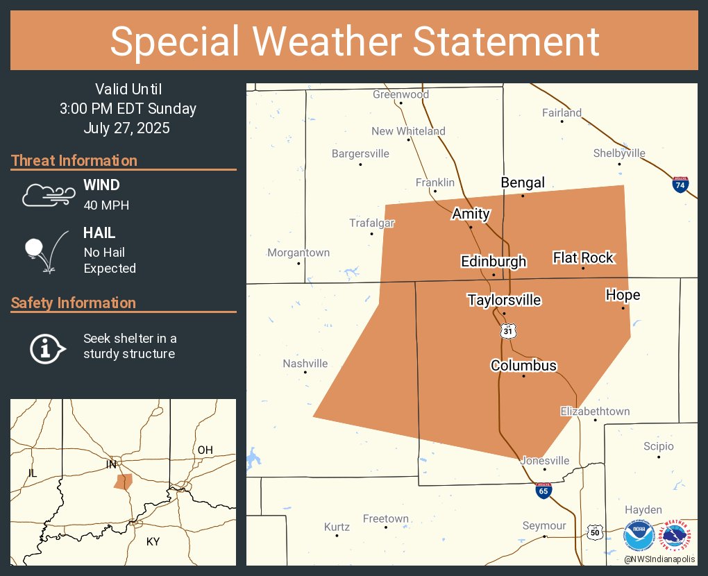 NWSIndianapolis's tweet image. A special weather statement has been issued for Columbus IN, Edinburgh IN and Hope IN until 3:00 PM EDT