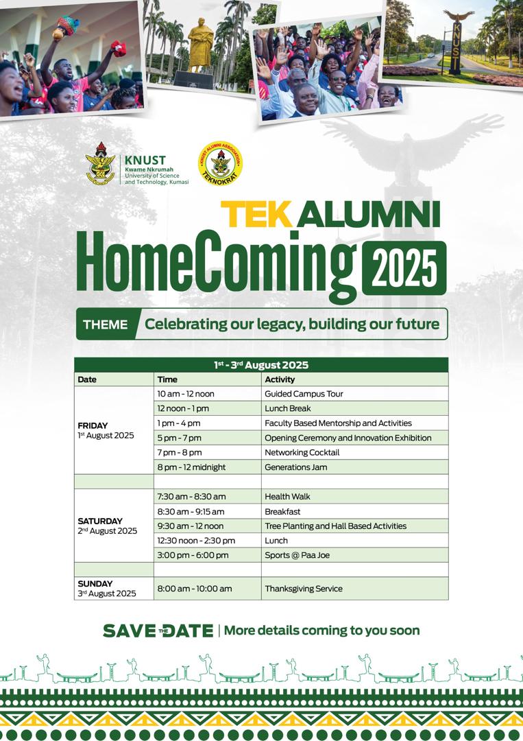 Knust360vibes's tweet image. 𝐓𝐄𝐊 𝐀𝐋𝐔𝐌𝐍𝐈 𝐇𝐎𝐌𝐄𝐂𝐎𝐌𝐈𝐍𝐆
𝐓𝐡𝐞𝐦𝐞: Celebrating our legacy, building our future.
Fri,1st - 3rd, August, 2025
#TekAlumniHomecoming