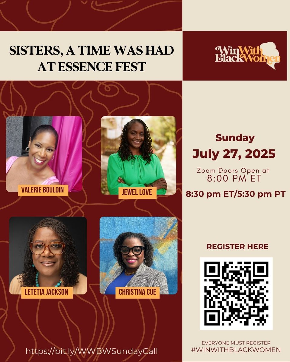 Win With Black Women (@winwithblkwomen) on Twitter photo Valerie Bouldin, Jewel Love, Christina Cue, and Letetia Jackson are bringing the highlights from Essence Fest. You donβt want to miss these stories and takeaways!
π
 July 27 | β° 8:30 PM ET
π RSVP: bit.ly/WWBWSundayCall
πΈ Invite your Essence crew to join!
#WinWithBlackWomen Valerie Bouldin, Jewel Love, Christina Cue, and Letetia Jackson are bringing the highlights from Essence Fest. You donβt want to miss these stories and takeaways!
π
 July 27 | β° 8:30 PM ET
π RSVP: bit.ly/WWBWSundayCall
πΈ Invite your Essence crew to join!
#WinWithBlackWomen