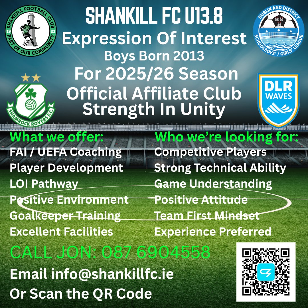 Open training sessions continue tomorrow evening for our Saturday team at 7pm in Shanganagh Park...⚽🟢⚫