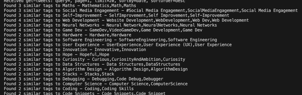 _diginova's tweet image. when I did auto-tagging of tweets for Xanthium project, there were a lot of redundant and duplicate tags created
so I vectorized the tags now
currently remove duplicates automatically and will also fix the auto-tagging so it uses vector search and only creates tags if necessary