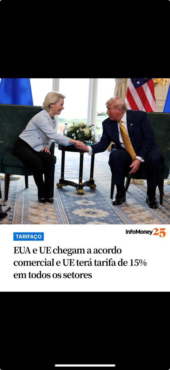 Claudiotuck2017's tweet image. 🔻 ENQUANTO TRUMP NEGOCIA, O BRASIL PASSA VERGONHA
EUA e UE sentam à mesa, fecham acordo com tarifa única de 15%.
Já o desgoverno do Luladrão nem chega perto da mesa — por pura incompetência diplomática.
Nem sabem negociar, só sabem bajular ditaduras.
