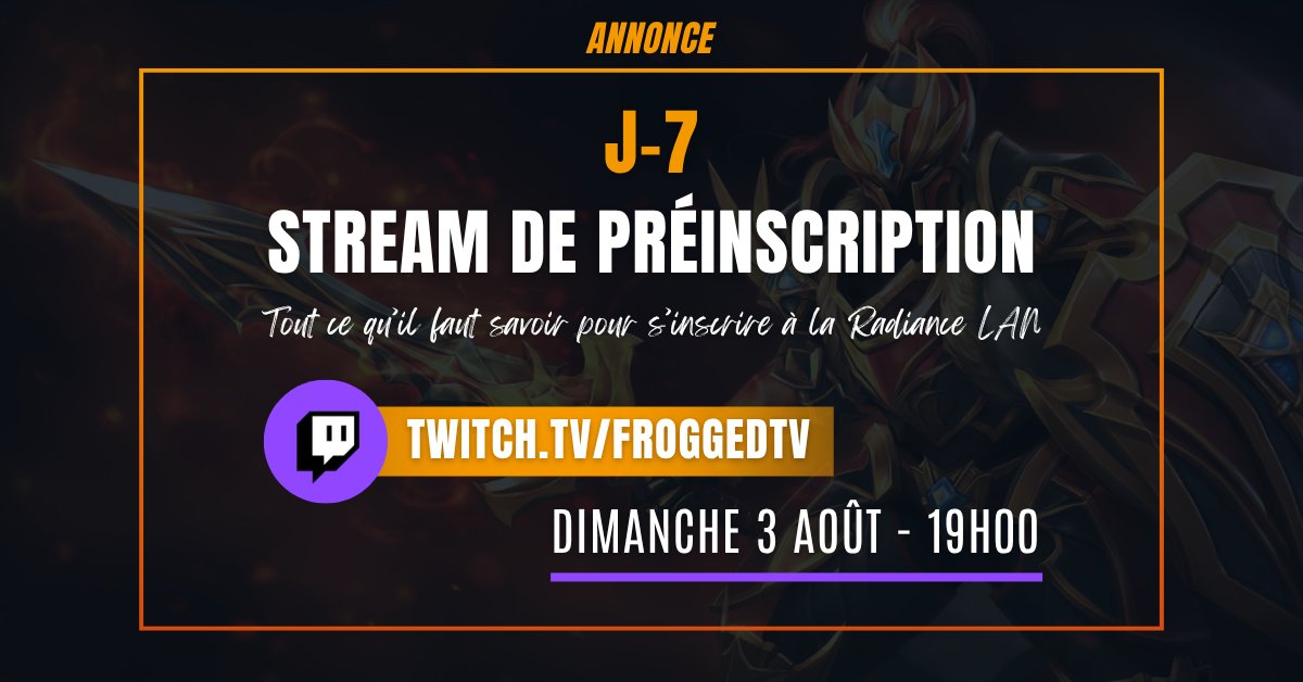 Quelles infos fournir lors de l'inscription ? Peut-on inscrire toute notre équipe de 5 joueurs en une fois ? Pour obtenir les réponses à ces questions et bien d'autres, rejoignez-nous dimanche 3 août à 19h00 sur twitch.tv/froggedtv !