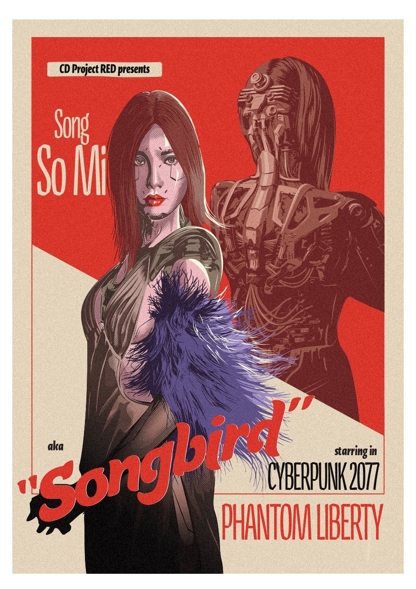 DesignPica's tweet image. Songbird from Cyberpunk Phantom Liberty Rertro advert poster #Cyberpunk2077PhantomLiberty #songbird #cyberpunk #retroadvert #poster #SongSoMi