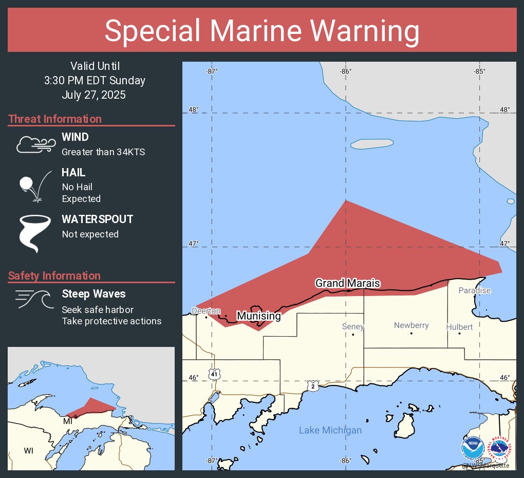 NWSMarquette's tweet image. Special Marine Warning including the Lake Superior East of a line from Manitou Island to Marquette MI and West of a line from Grand Marais MI to the US/Canadian Border Beyond 5NM from shore, Grand Marais to Whitefish Point MI and Marquette to Munising MI until 3:30 PM EDT