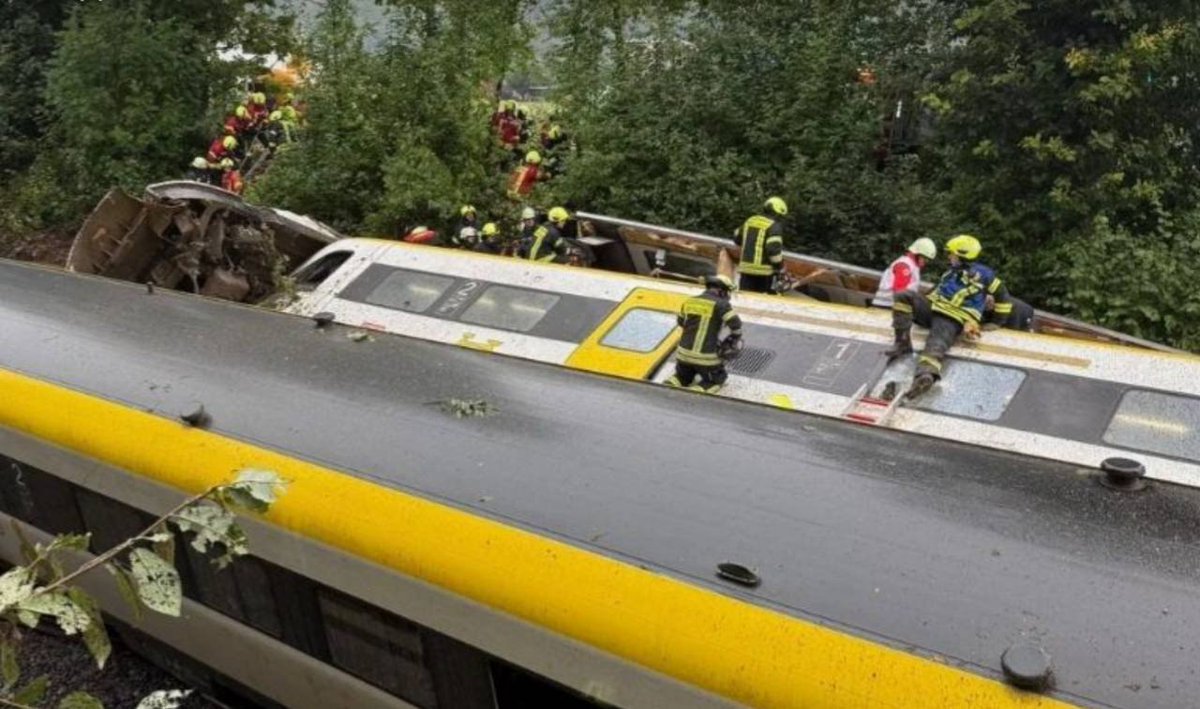 TGEThGlobalEye's tweet image. #BREAKING | A train derailed in Biberach, Germany, near the French border. According to preliminary reports, there are numerous injuries and fatalities. A total of 100 people were on board. At the time of the accident, the train was traveling through a wooded area.