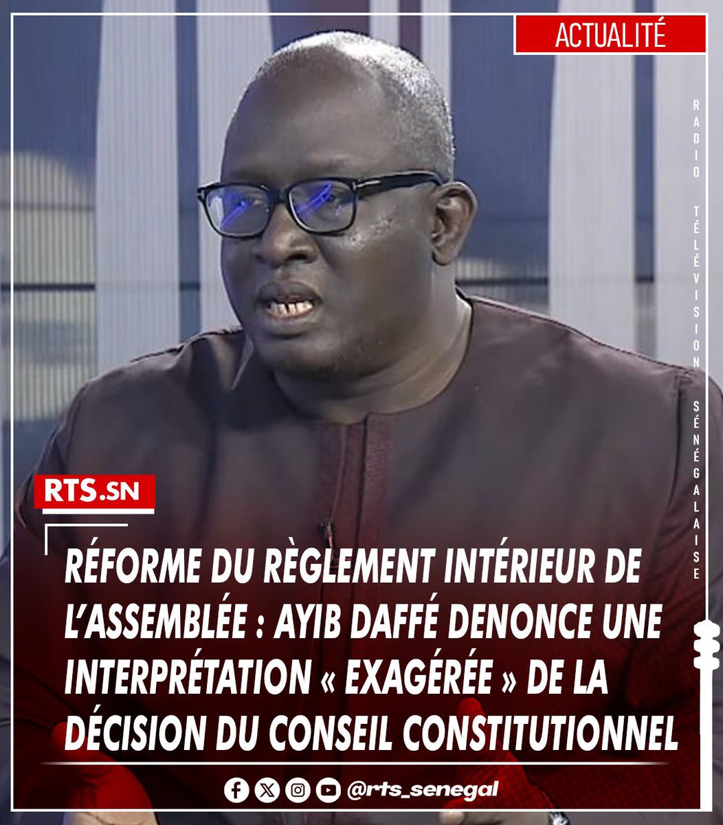 RTS1_Senegal's tweet image. Le député Ayib Daffé, président du groupe parlementaire PASTEF, réagit à la décision du Conseil constitutionnel sur le nouveau règlement intérieur de l’Assemblée nationale. Il appelle à relativiser les critiques, estimant que la majorité des dispositions ont été validées et que…