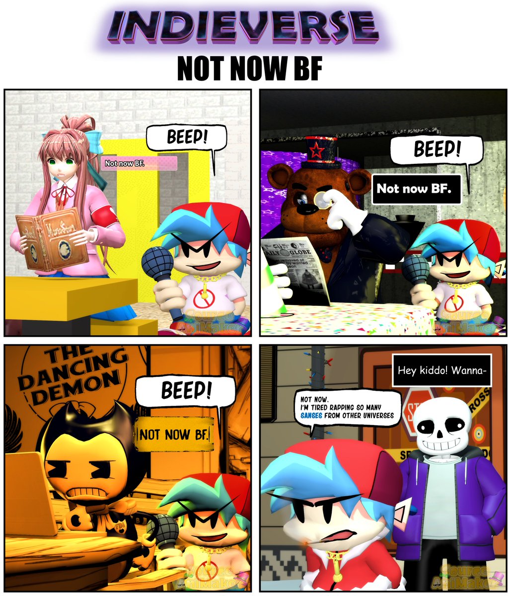AnimakerSource's tweet image. [INDIEVERSE: Not Now BF]

Based of meme :v
BF just wanted rap people (Which they are busy) except Sans bc he rapped Sanses too much.

#SFM #FNF
