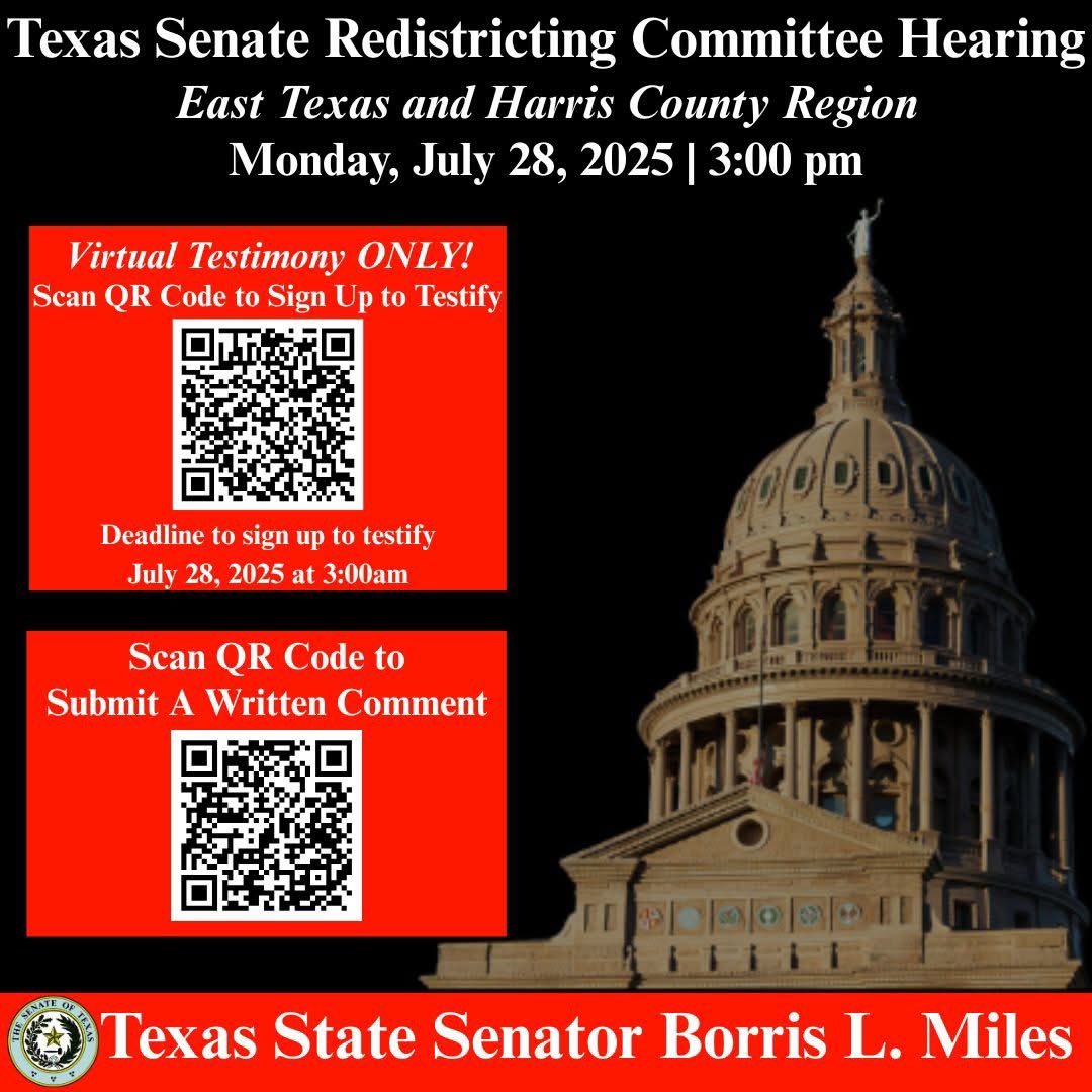 BorrisLMiles's tweet image. URGENT! REGISTER TONIGHT to Testify Virtually at the TX Senate Redistricting Hearing for the Harris County Region
Register to Testify Virtually zoom.us/meeting/regist…
DEADLINE TO REGISTER: July 28 at 3 AM
Submit Written Comment senate.texas.gov/redistrictingc…
#txlege #hounews #SD13