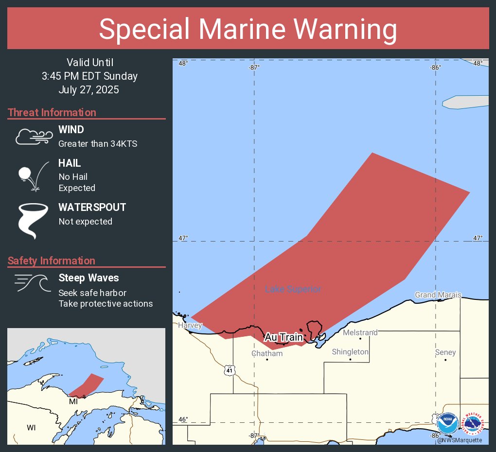 NWSMarquette's tweet image. Special Marine Warning including the Lake Superior East of a line from Manitou Island to Marquette MI and West of a line from Grand Marais MI to the US/Canadian Border Beyond 5NM from shore, Huron Islands to Marquette MI and Marquette to Munising MI until 3:45 PM EDT