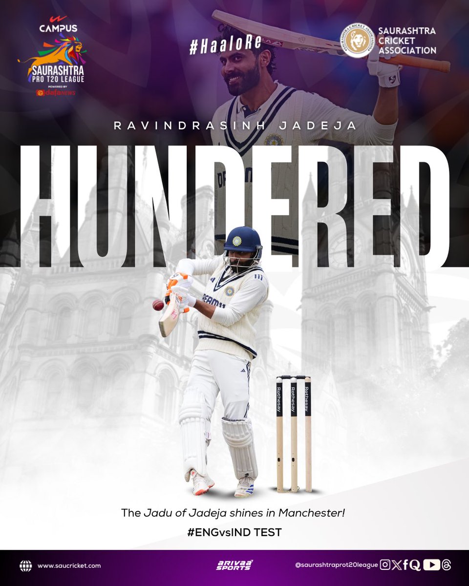 Not just “Sir”, he’s the Saviour in Whites. A century full of class, calm, and confidence 🛡️

<a href="/imjadeja/">Ravindrasinh jadeja</a> 

#SaurashtraProT20League #RavindrasinhJadeja #ENGvsIND