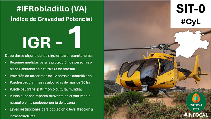 Se declara Índice de Gravedad Potencial (IGR)  1⃣  en #IFRobladillo, #Valladolid, por:
• Leves restricciones para población o leve afección a infraestructuras (corte de la carretera VP-5803)
Más información en #INFORCYL servicios.jcyl.es/incyl/incyl