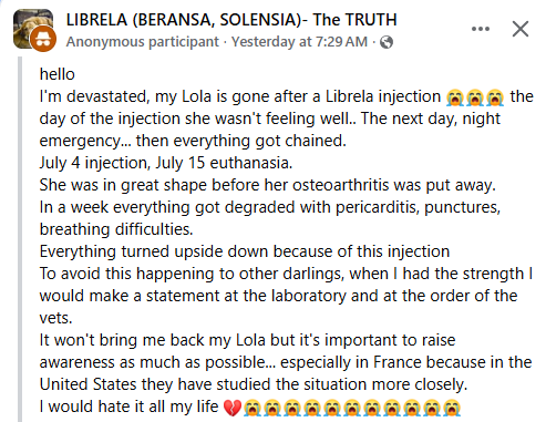 badpetmeds's tweet photo. "July 4 injection, July 15 euthanasia." RIP Lola. 🌈💔😢
#Librela #SayNoToLibrela https://t.co/lD3WAA6JnV