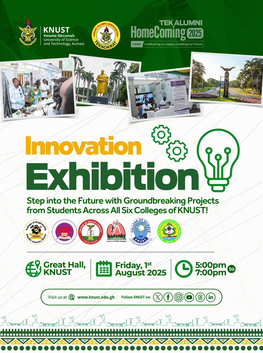 Knust360vibes's tweet image. 𝐓𝐄𝐊𝐀𝐋𝐔𝐌𝐍𝐈𝐇𝐎𝐌𝐄𝐂𝐎𝐌𝐈𝐍𝐆

𝐈𝐍𝐍𝐎𝐕𝐀𝐓𝐈𝐎𝐍 𝐄𝐗𝐇𝐈𝐁𝐈𝐓𝐈𝐎𝐍
🗓️Friday,1st August.2025
⏰5:00pm - 7:00pm
📭 Great Hall, Knust.
#TekAlumniHomecoming
